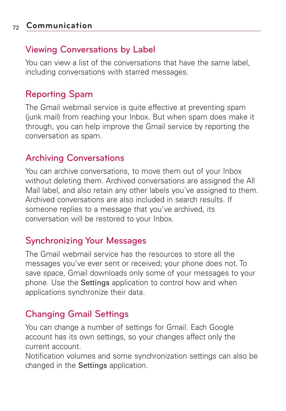 Viewing conversations by label, Reporting spam, Archiving conversations | Synchronizing your messages, Changing gmail settings | LG US760 User Manual | Page 74 / 312