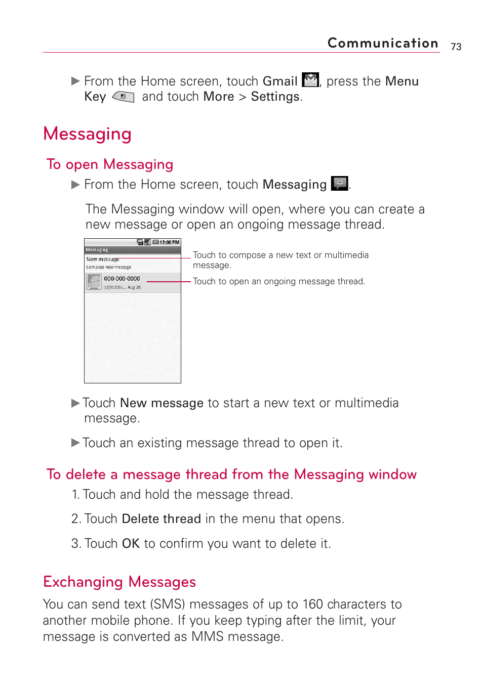 Messaging, Exchanging messages, Communication | LG US760 User Manual | Page 75 / 312