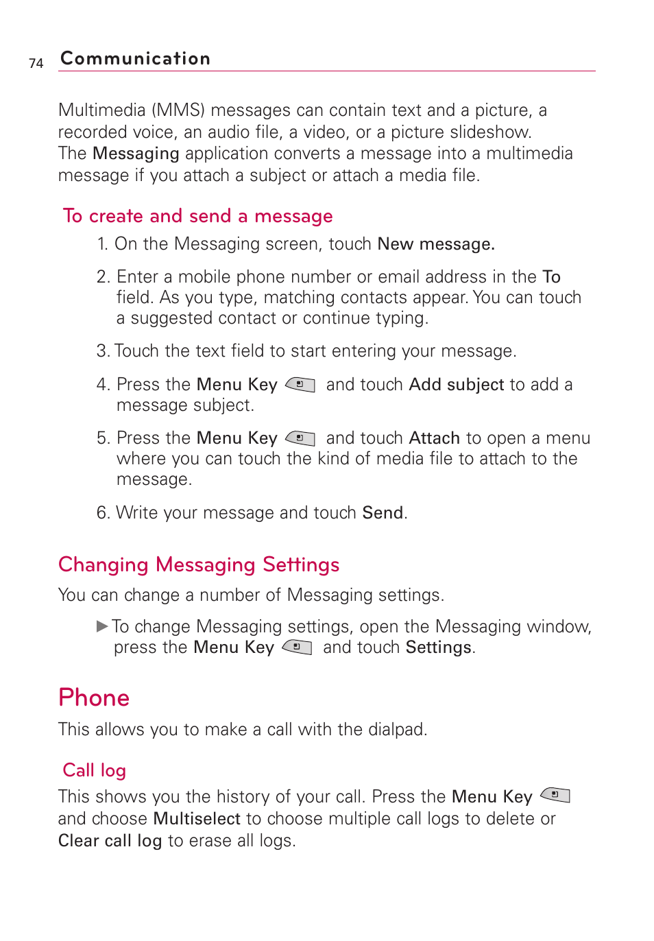 Phone, Changing messaging settings | LG US760 User Manual | Page 76 / 312