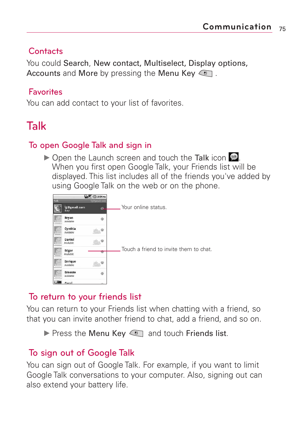 Talk | LG US760 User Manual | Page 77 / 312