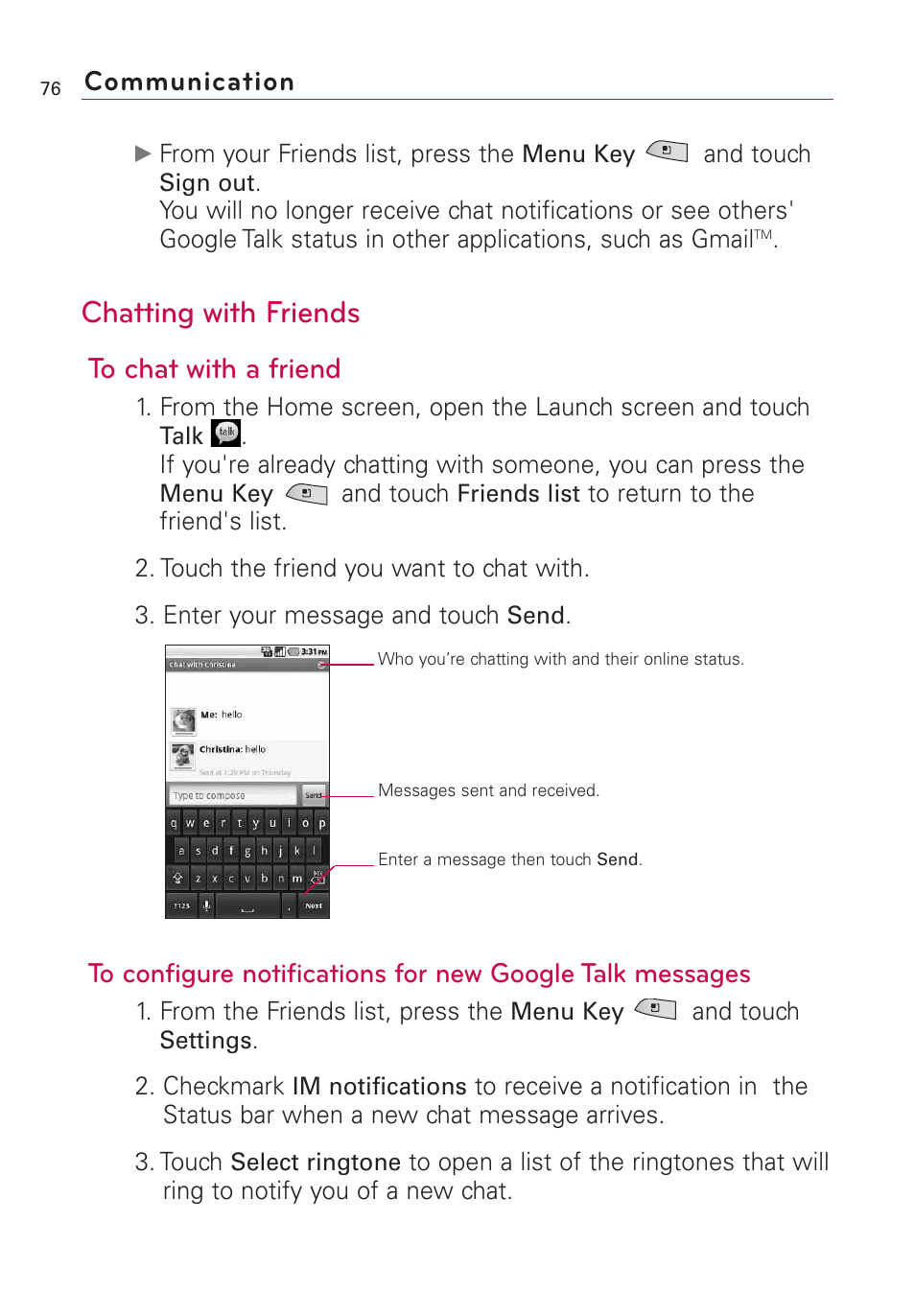 Chatting with friends, Communication | LG US760 User Manual | Page 78 / 312