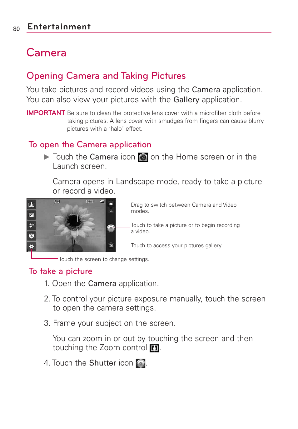 Entertainment, Camera, Opening camera and taking pictures | LG US760 User Manual | Page 82 / 312