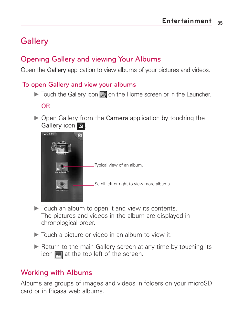 Gallery, Opening gallery and viewing your albums, Working with albums | Entertainment | LG US760 User Manual | Page 87 / 312