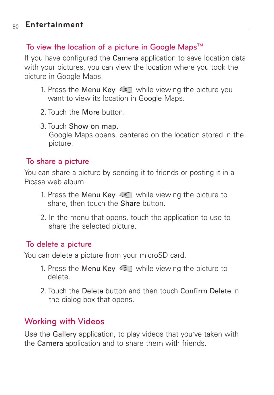 Working with videos | LG US760 User Manual | Page 92 / 312