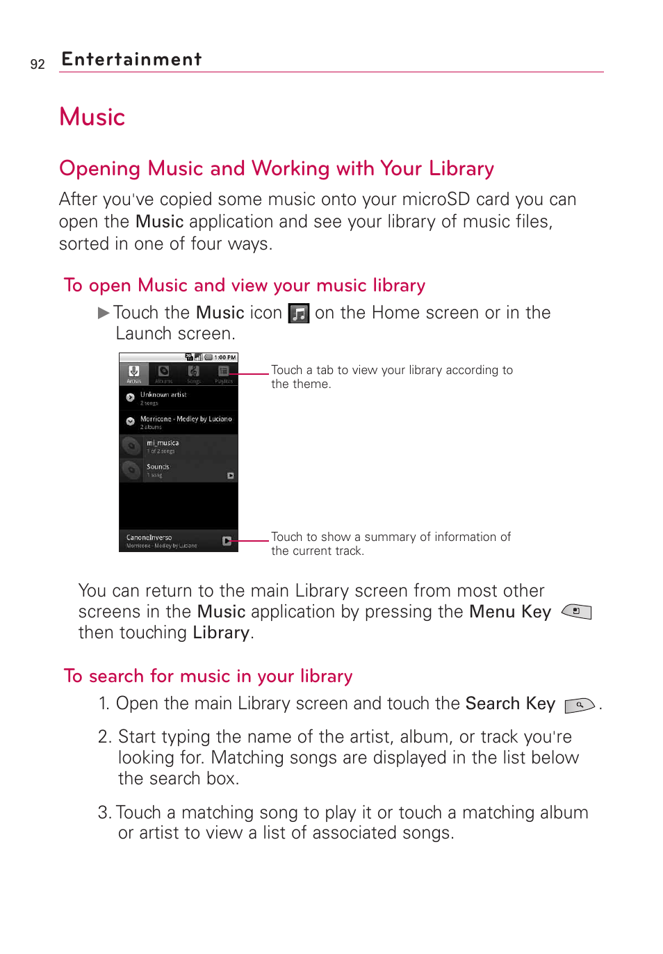 Music, Opening music and working with your library | LG US760 User Manual | Page 94 / 312