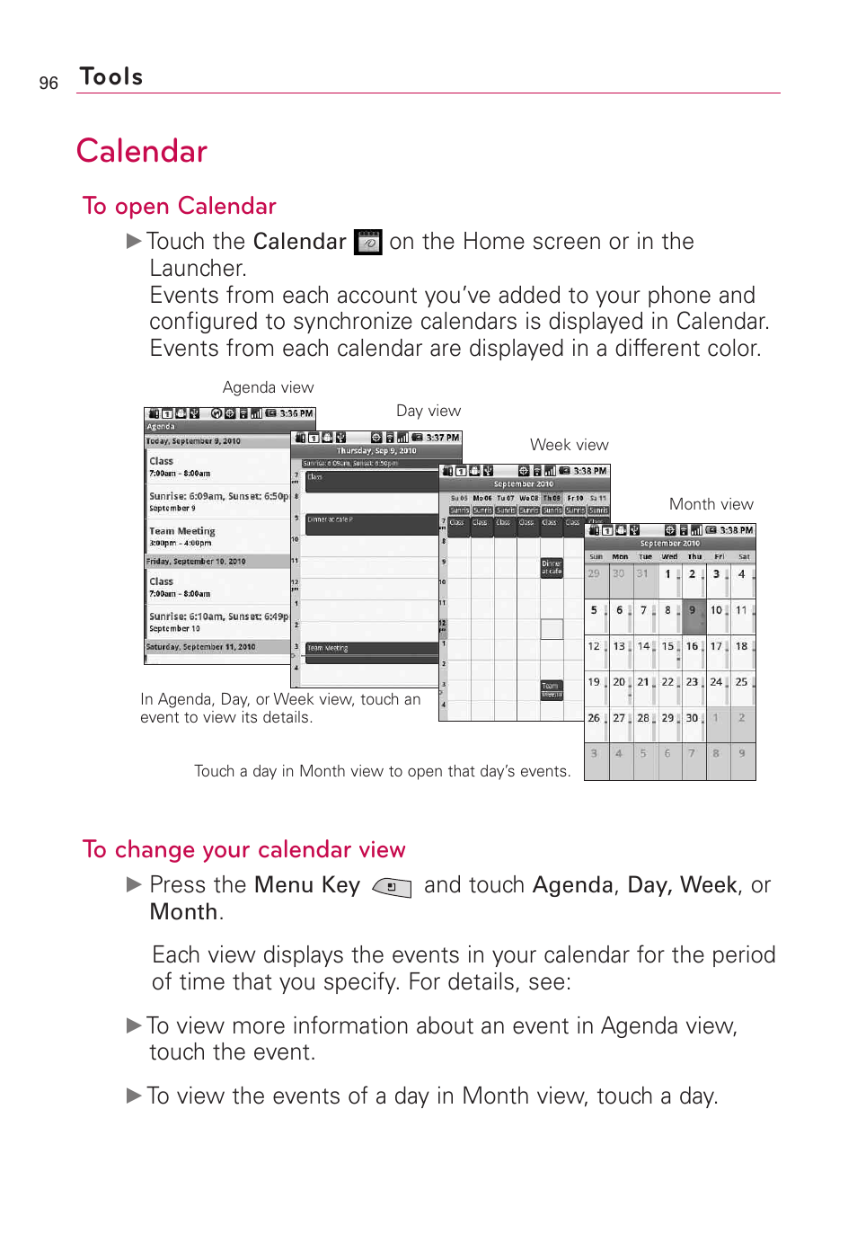 Settings, Calendar, Tools | LG US760 User Manual | Page 98 / 312