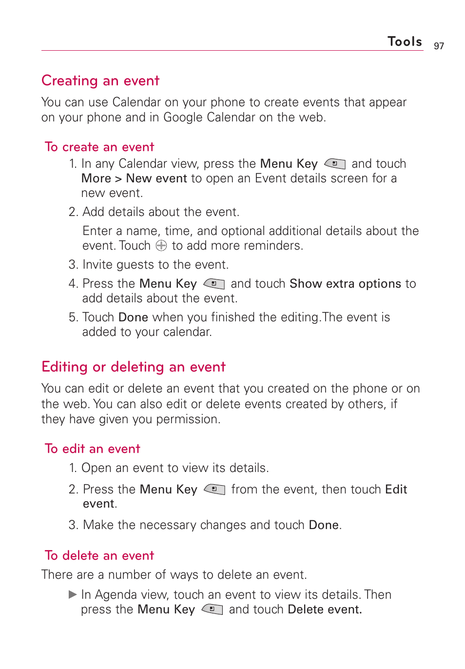 Creating an event, Editing or deleting an event | LG US760 User Manual | Page 99 / 312