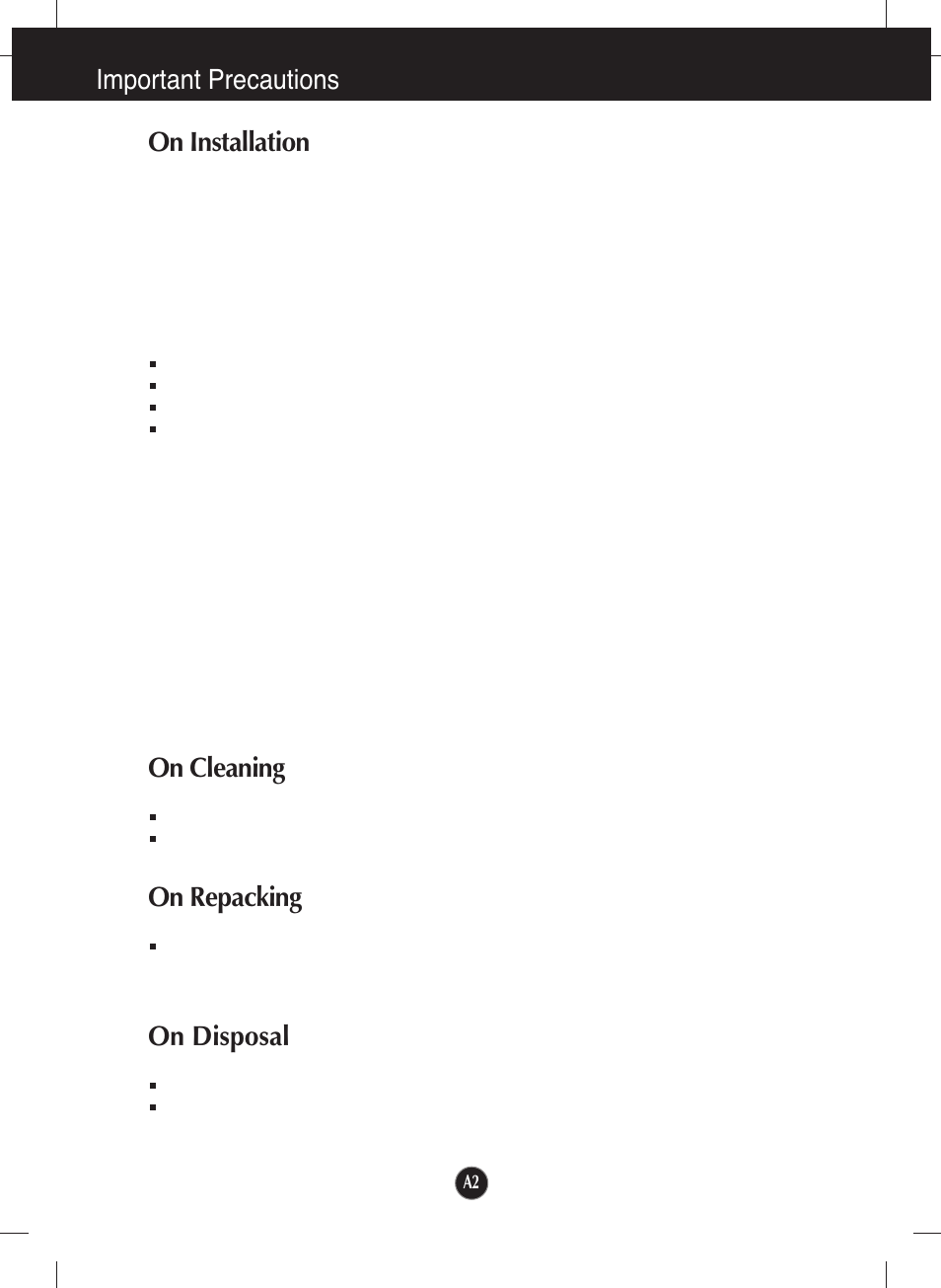 On installation, On cleaning, On repacking | On disposal, Important precautions on installation | LG L1953T-SF User Manual | Page 3 / 26