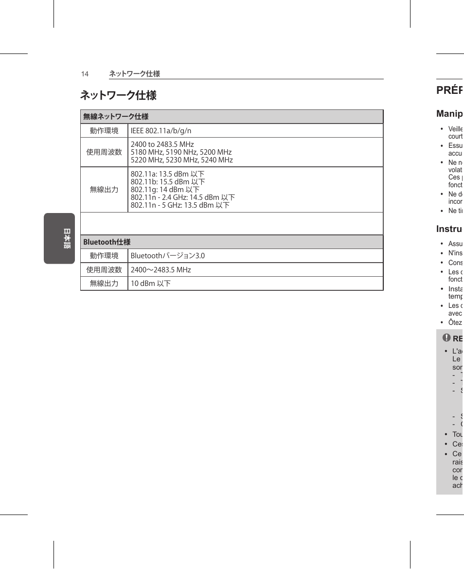 ネットワーク仕様, Préparation, Manipulation du produit | Instructions d'installation | LG AN-WF500 User Manual | Page 14 / 68