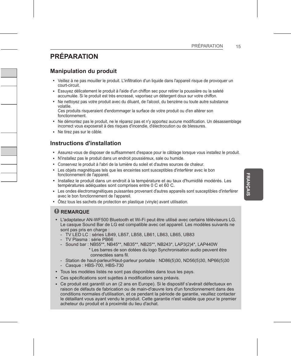 Préparation, Manipulation du produit, Instructions d'installation | ネットワーク仕様 | LG AN-WF500 User Manual | Page 15 / 68