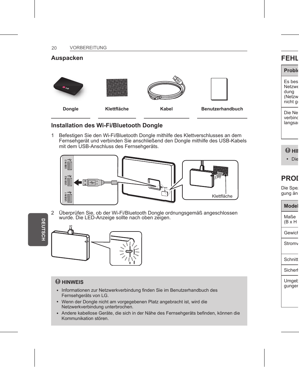 Auspacken, Installation des wi-fi/bluetooth dongle, Fehlerbehebung | Produktspezifikationen | LG AN-WF500 User Manual | Page 20 / 68