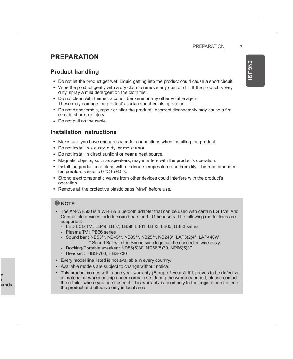 Preparation, Product handling, Installation instructions | LG AN-WF500 User Manual | Page 3 / 68