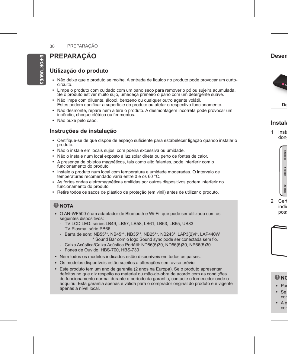 Preparação, Utilização do produto, Instruções de instalação | Desembalar, Instalação wi-fi / bluetooth dongle | LG AN-WF500 User Manual | Page 30 / 68