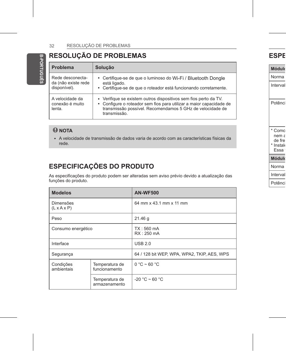 Resolução de problemas, Especificações do produto, Especificações das comunicações sem fios | LG AN-WF500 User Manual | Page 32 / 68