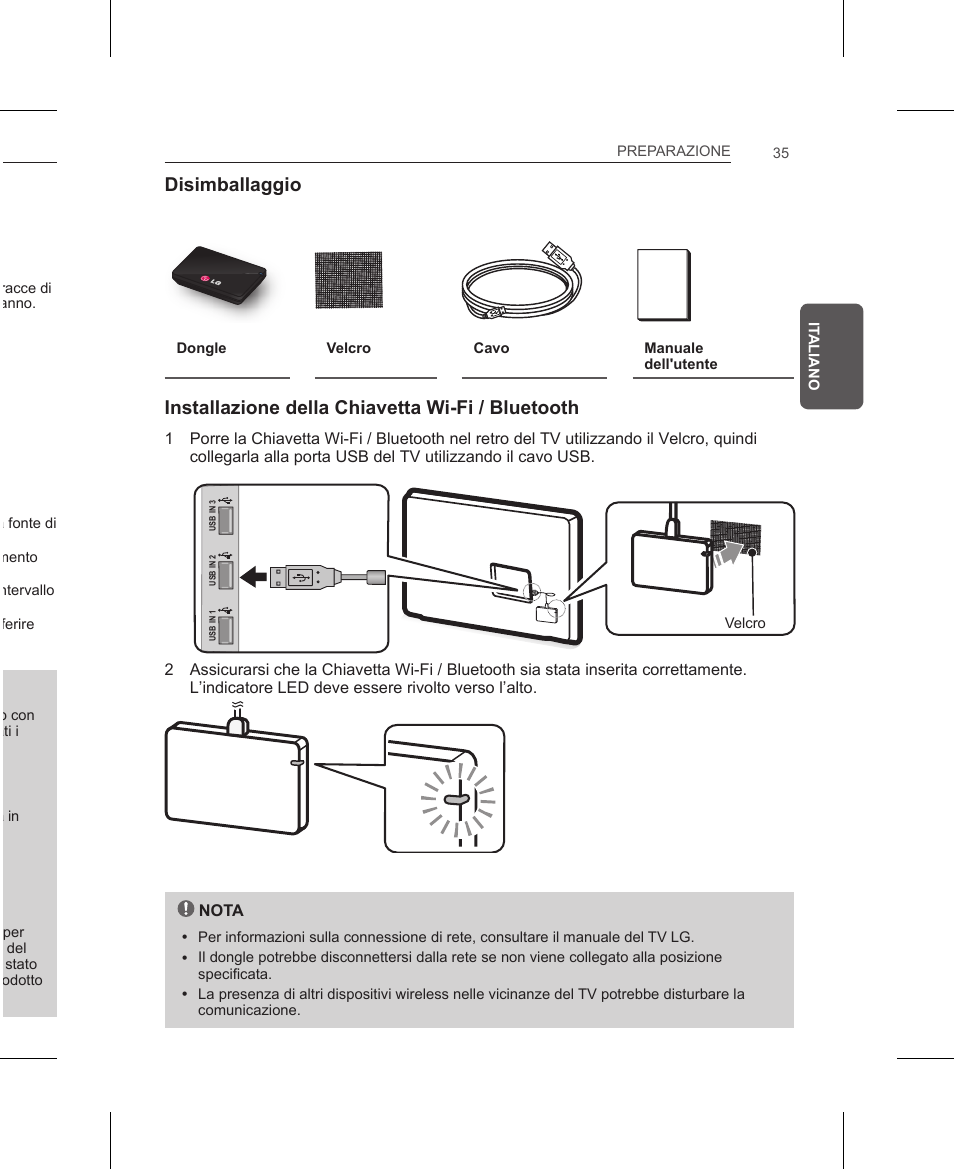 Disimballaggio, Installazione della chiavetta wi-fi / bluetooth, Preparazione | Precauzioni, Istruzioni di installazione | LG AN-WF500 User Manual | Page 35 / 68