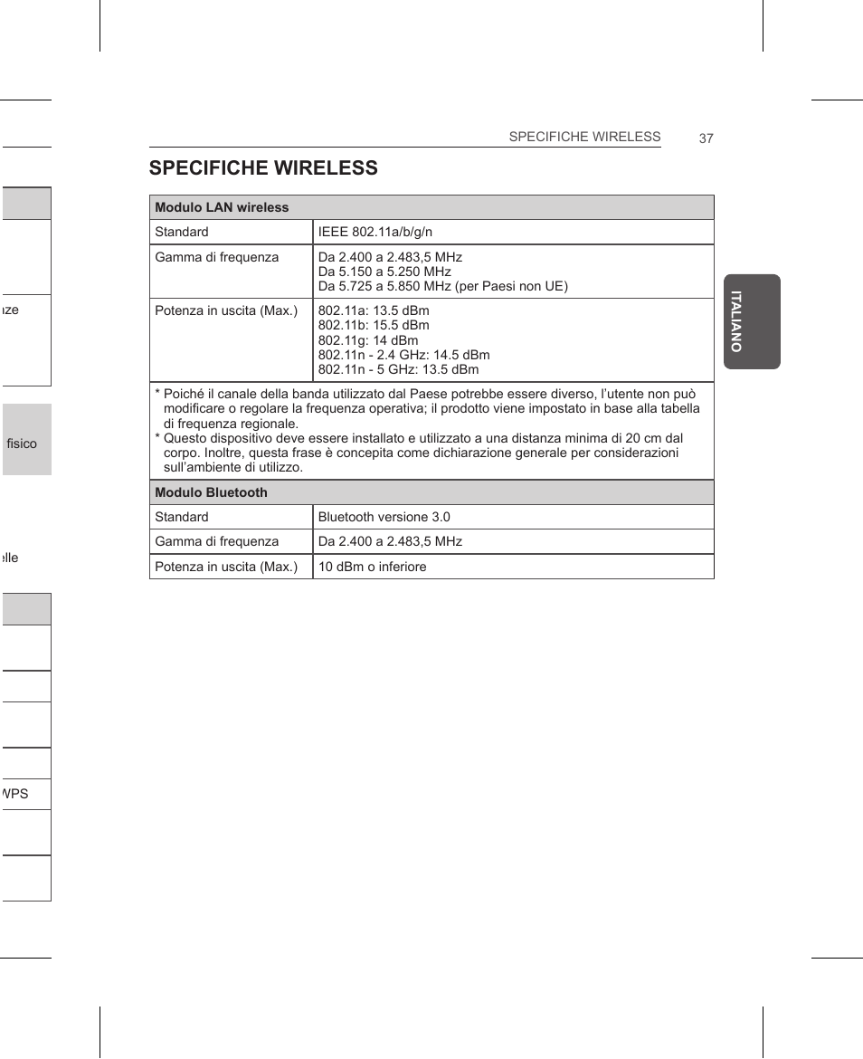 Specifiche wireles, Specifiche wireless, Risoluzione dei problemi | Specifiche del prodotto | LG AN-WF500 User Manual | Page 37 / 68