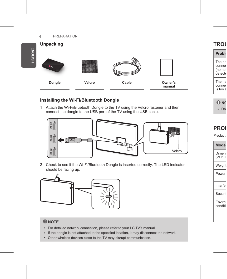 Unpacking, Installing the wi-fi/bluetooth dongle, Troubleshooting | Product specifications | LG AN-WF500 User Manual | Page 4 / 68