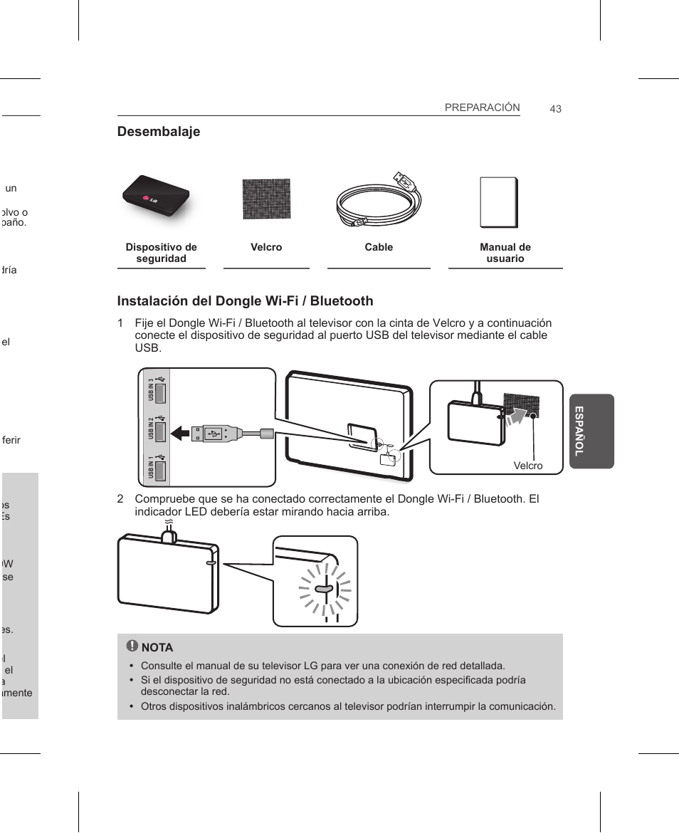 Desembalaje, Instalación del dongle wi-fi / bluetooth, Preparación | Manipulación del producto, Instrucciones de instalación | LG AN-WF500 User Manual | Page 43 / 68