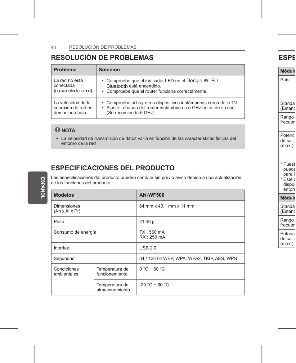 Resolución de problemas, Especificaciones del producto, Especificaciones para la conexión inalámbrica | LG AN-WF500 User Manual | Page 44 / 68