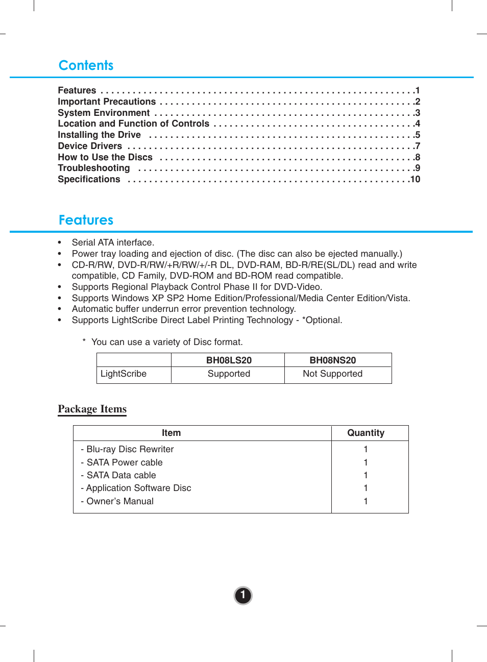 Contents features | LG BH08LS20 User Manual | Page 4 / 15