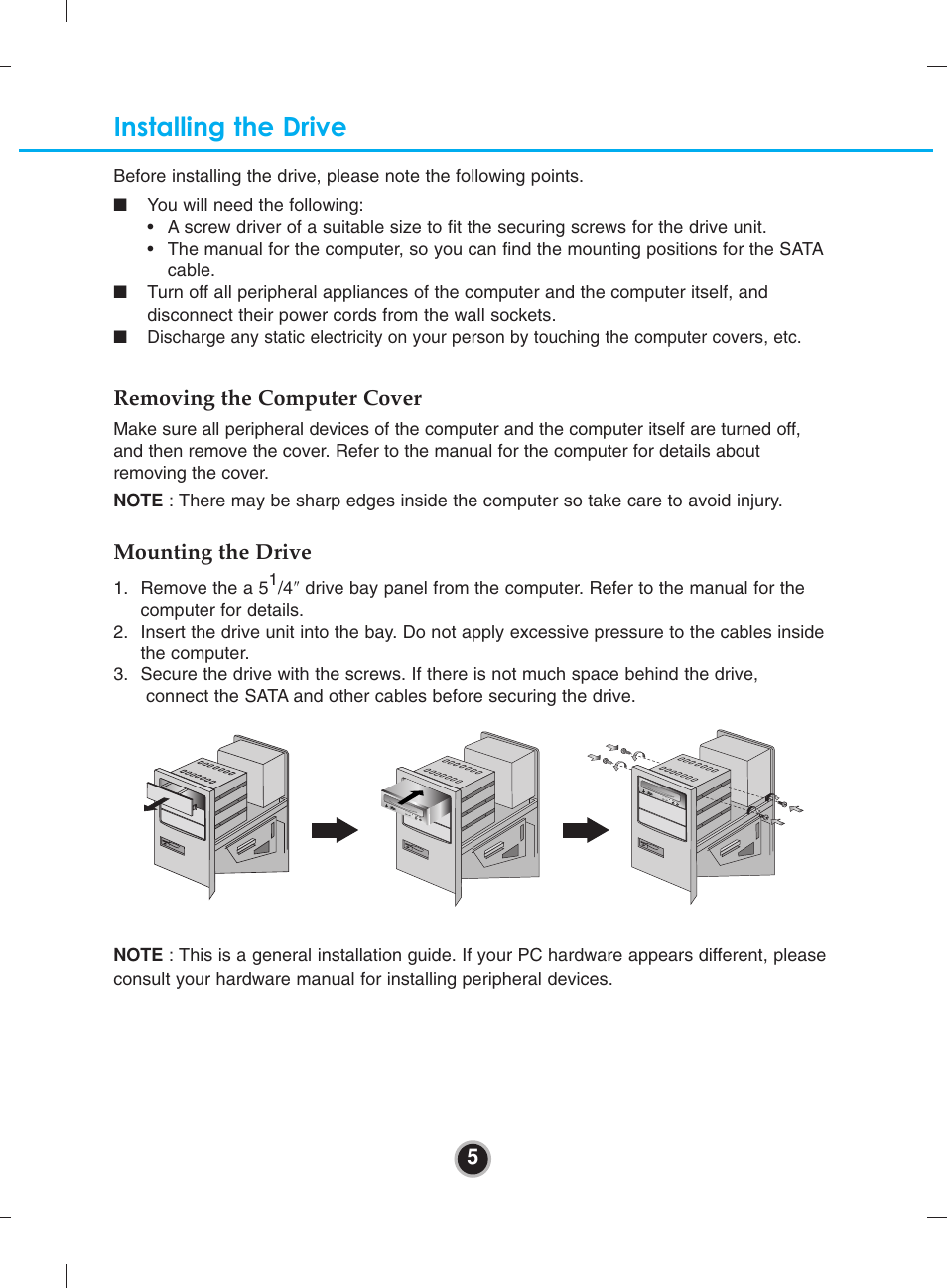 Installing the drive, Removing the computer cover, Mounting the drive | LG BH08LS20 User Manual | Page 8 / 15