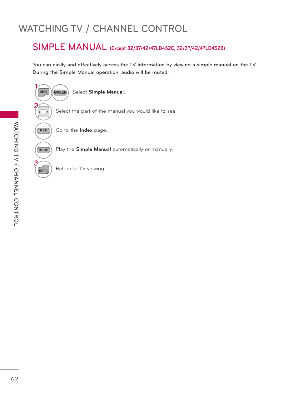 Simple manual, Watching tv / channel control | LG 47LD452C User Manual | Page 62 / 172