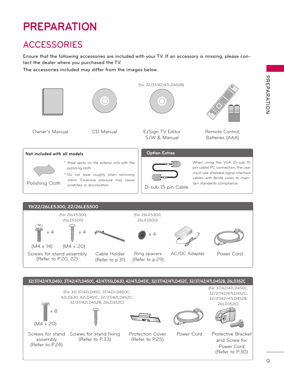 Preparation, Accessories, Pr ep a r at io n | LG 47LD452C User Manual | Page 9 / 172