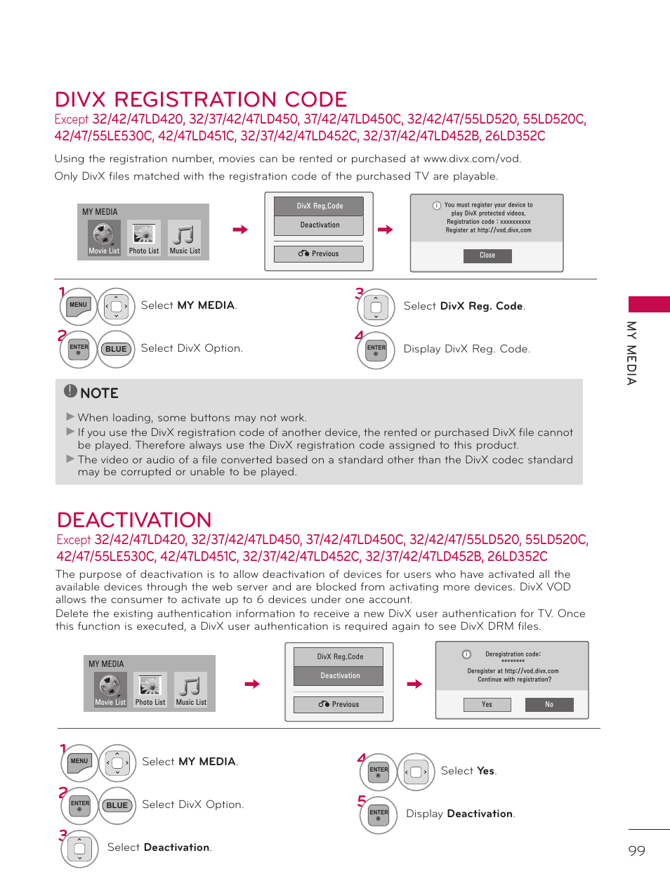 Divx registration code, Deactivation | LG 47LD452C User Manual | Page 99 / 172