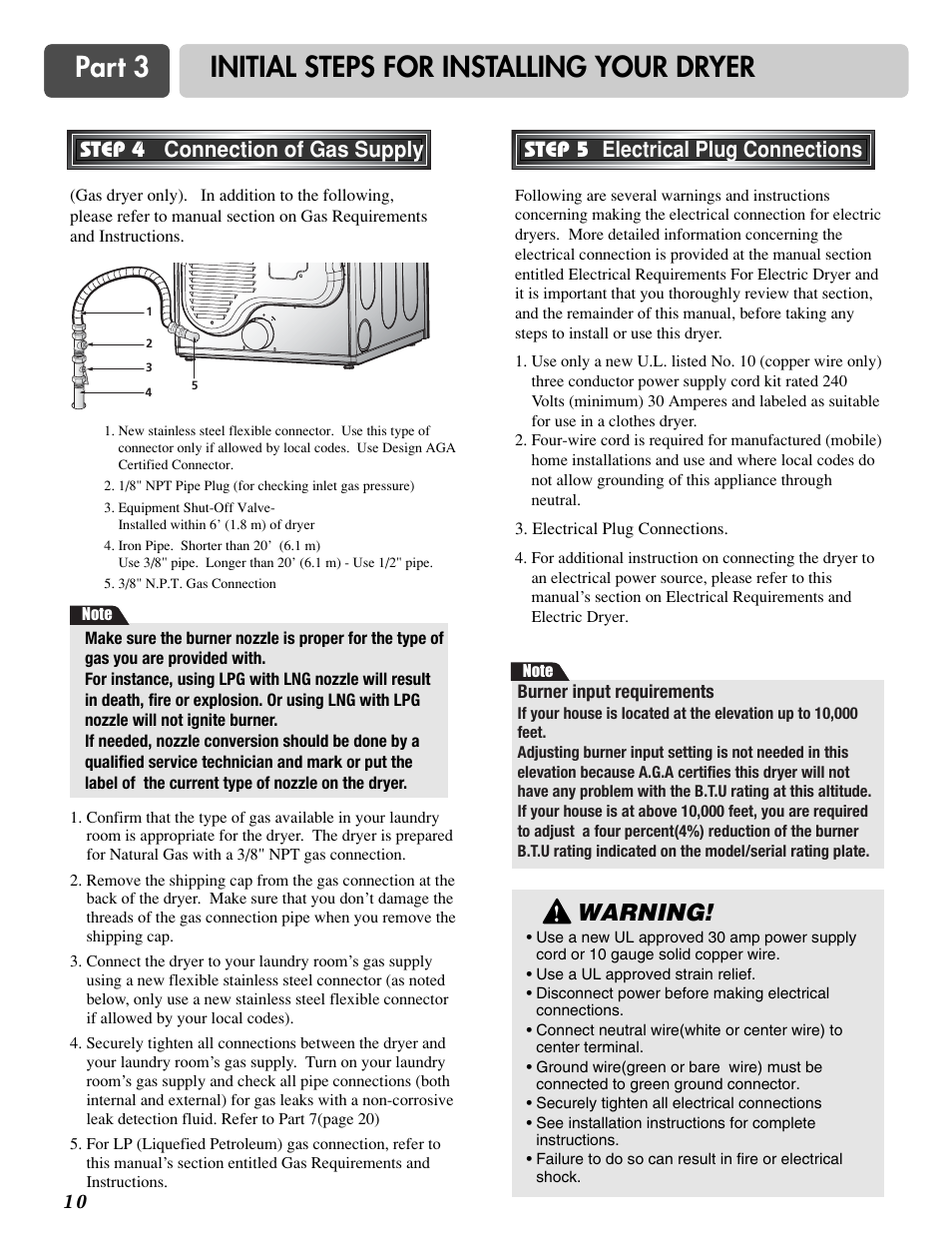 Part 3 initial steps for installing your dryer, Warning, Step 4 connection of gas supply | Step 5 electrical plug connections | LG DLG6952W User Manual | Page 10 / 62