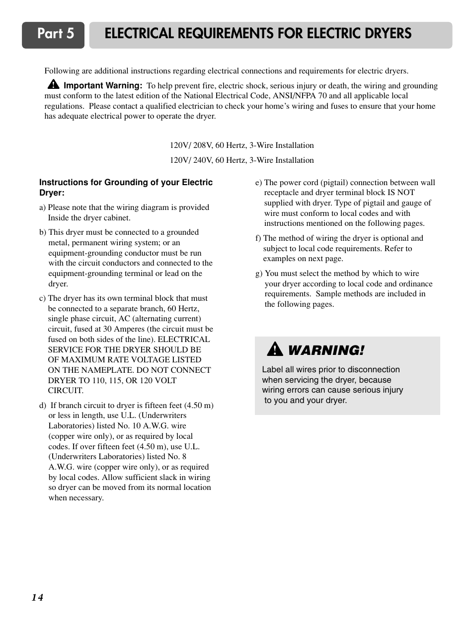 Part 5 electrical requirements for electric dryers, Warning | LG DLG6952W User Manual | Page 14 / 62