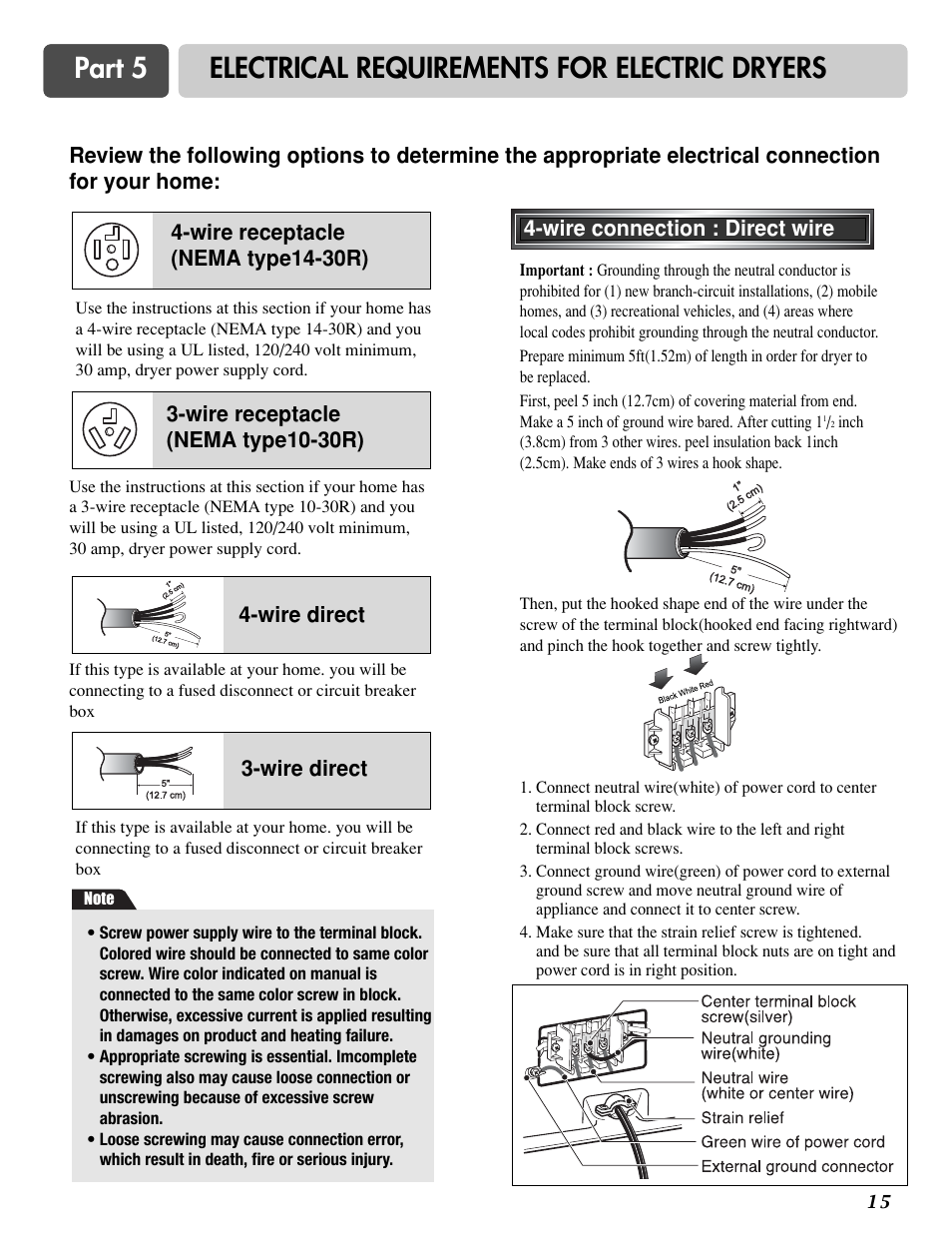 Part 5 electrical requirements for electric dryers | LG DLG6952W User Manual | Page 15 / 62