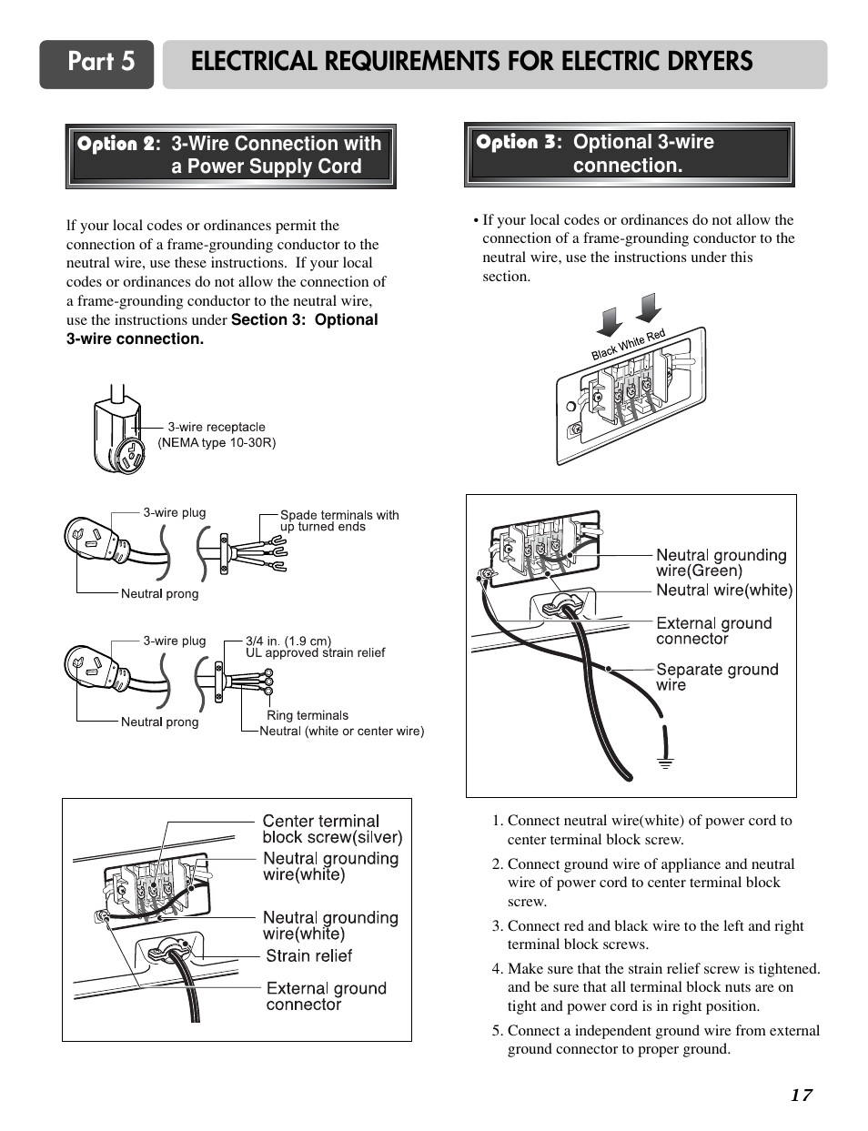 Part 5 electrical requirements for electric dryers | LG DLG6952W User Manual | Page 17 / 62