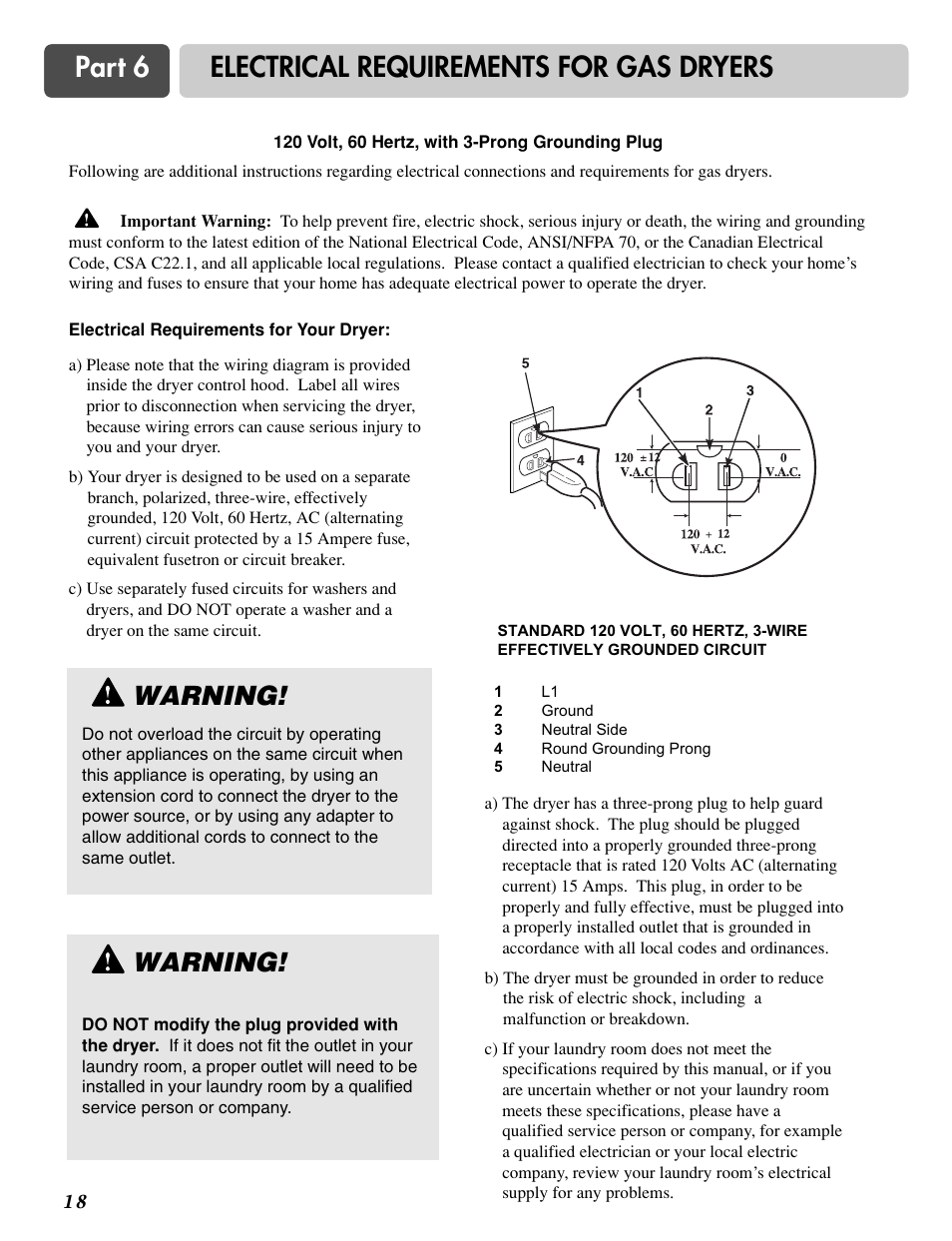 Part 6 electrical requirements for gas dryers, Warning | LG DLG6952W User Manual | Page 18 / 62