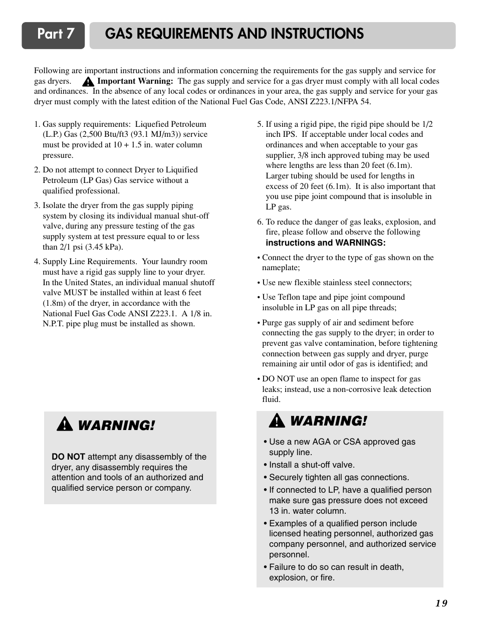 Part 7 gas requirements and instructions, Warning | LG DLG6952W User Manual | Page 19 / 62