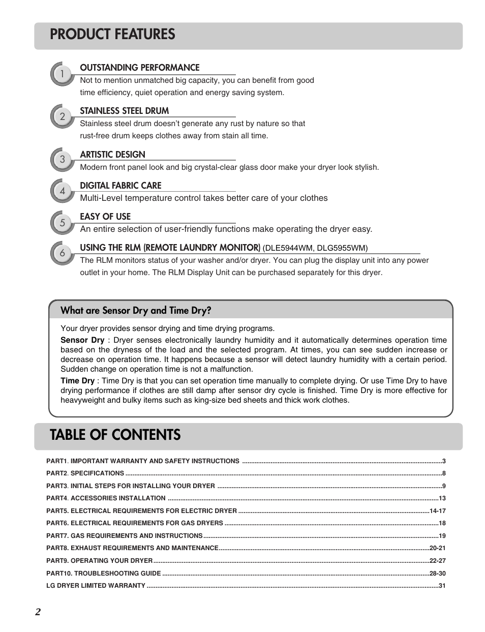 Product features table of contents | LG DLG6952W User Manual | Page 2 / 62
