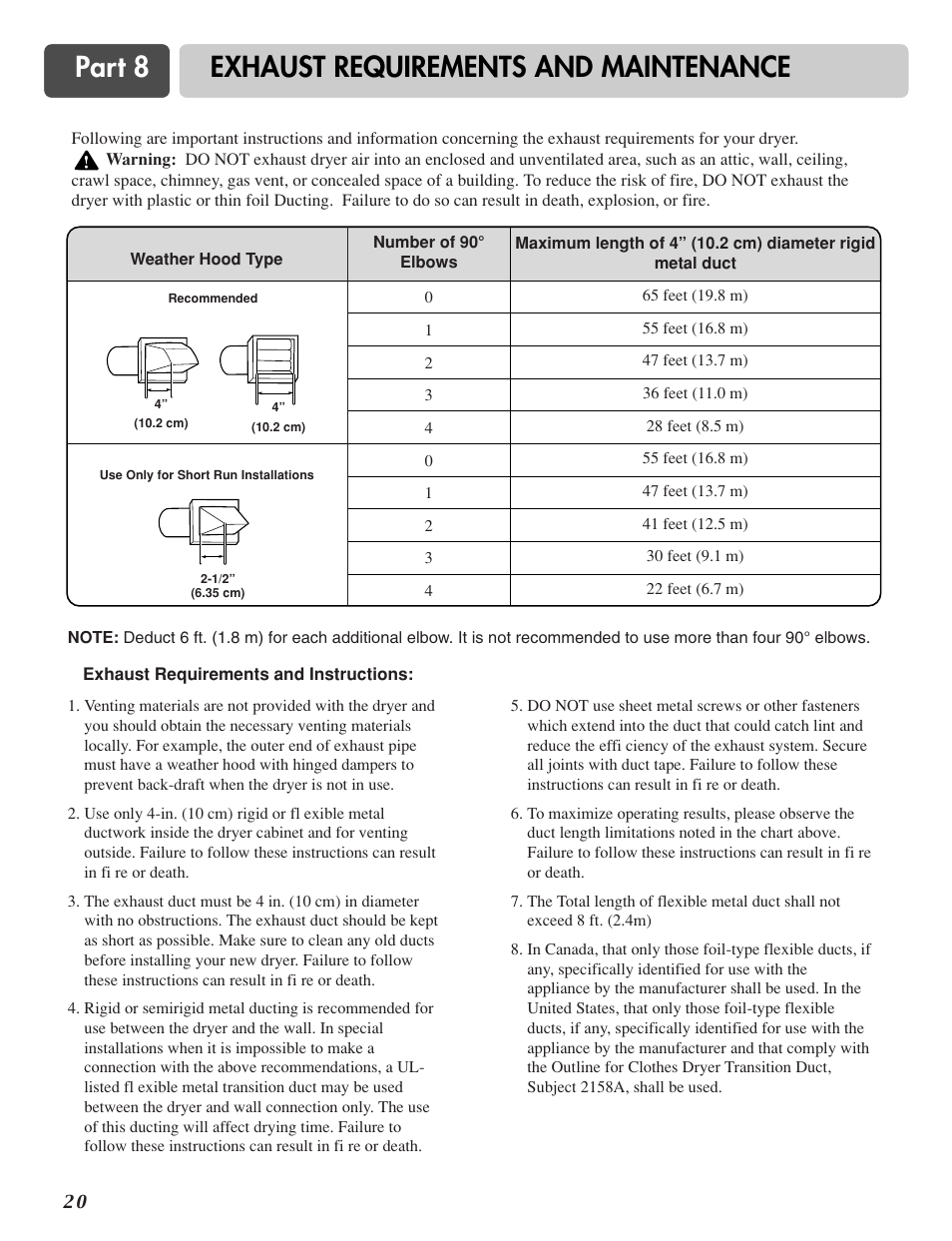 Part 8 exhaust requirements and maintenance | LG DLG6952W User Manual | Page 20 / 62