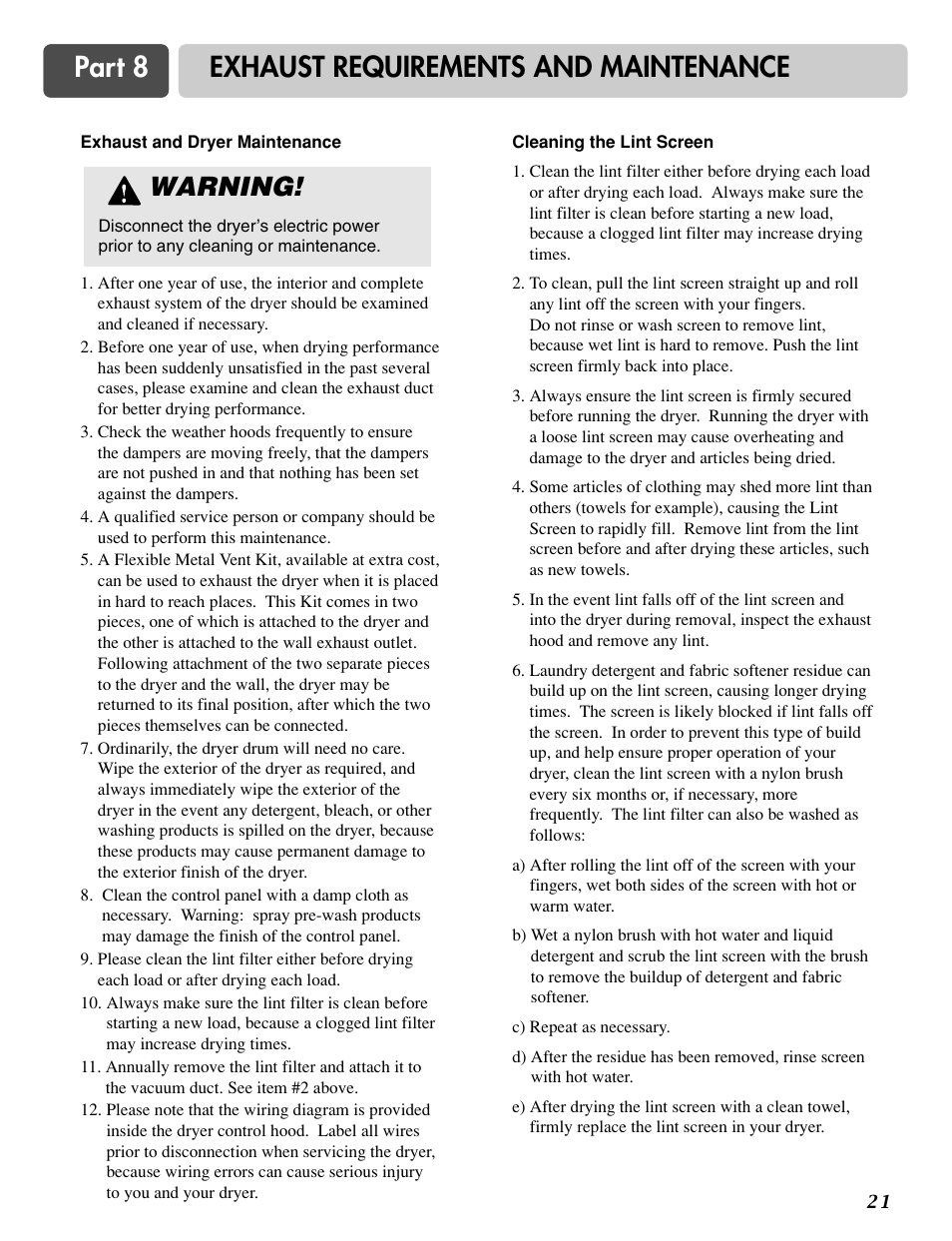 Part 8 exhaust requirements and maintenance, Warning | LG DLG6952W User Manual | Page 21 / 62