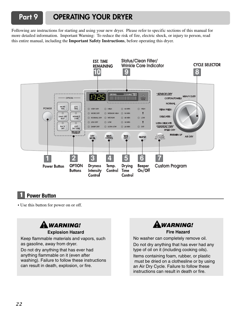 Part 9 operating your dryer | LG DLG6952W User Manual | Page 22 / 62