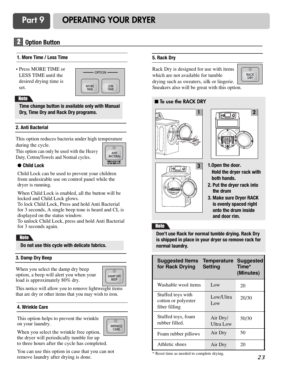 Part 9 operating your dryer, 2option button | LG DLG6952W User Manual | Page 23 / 62