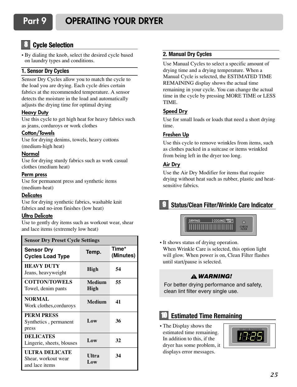 Part 9 operating your dryer | LG DLG6952W User Manual | Page 25 / 62