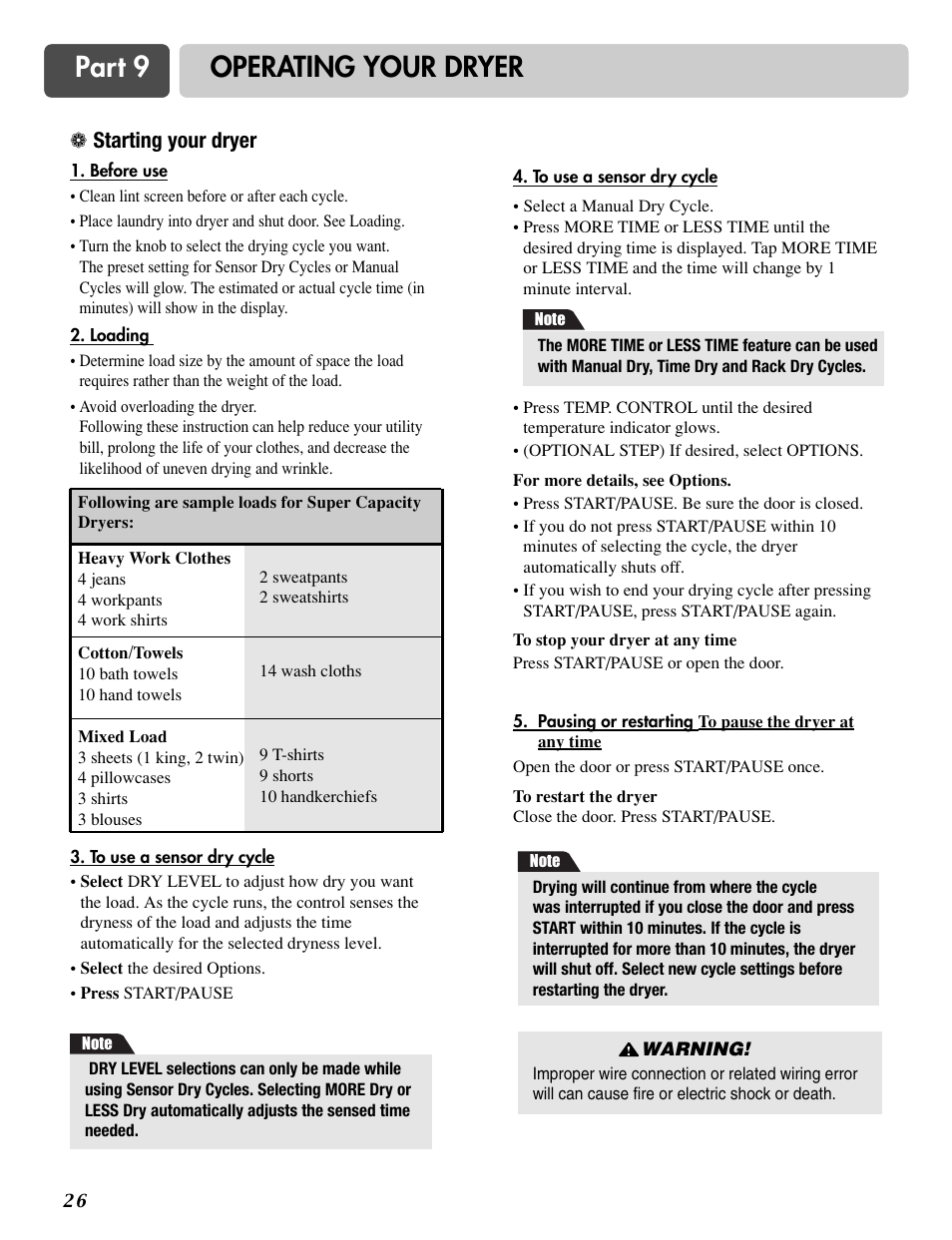 Part 9 operating your dryer, Starting your dryer | LG DLG6952W User Manual | Page 26 / 62