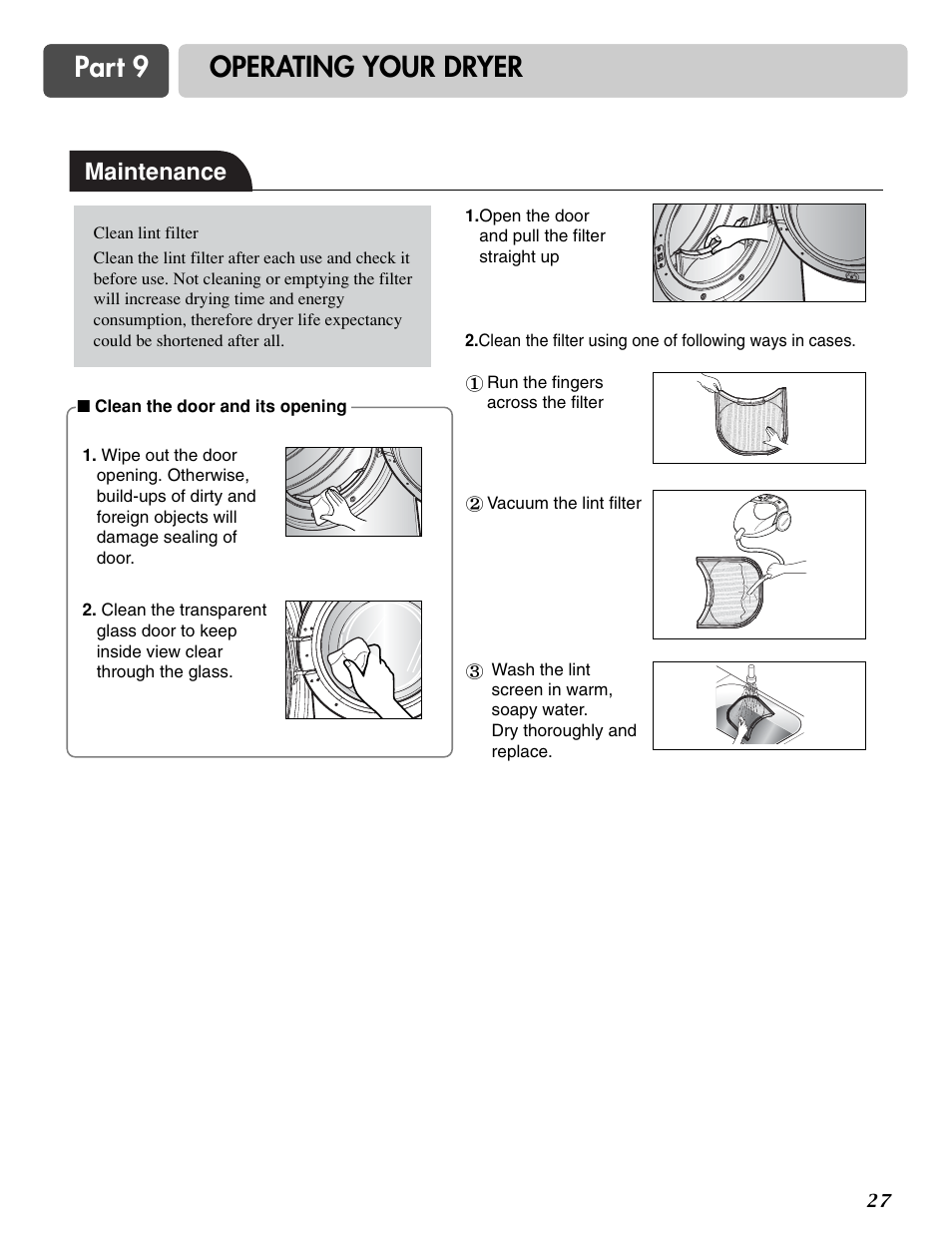 Part 9 operating your dryer, Maintenance | LG DLG6952W User Manual | Page 27 / 62