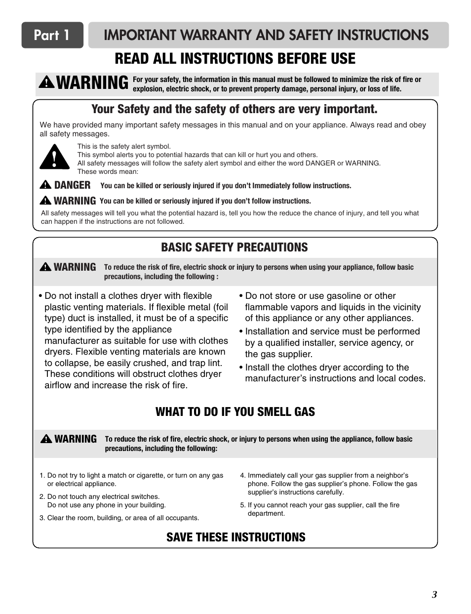 Warning, Read all instructions before use, Important warranty and safety instructions part 1 | What to do if you smell gas, Save these instructions | LG DLG6952W User Manual | Page 3 / 62