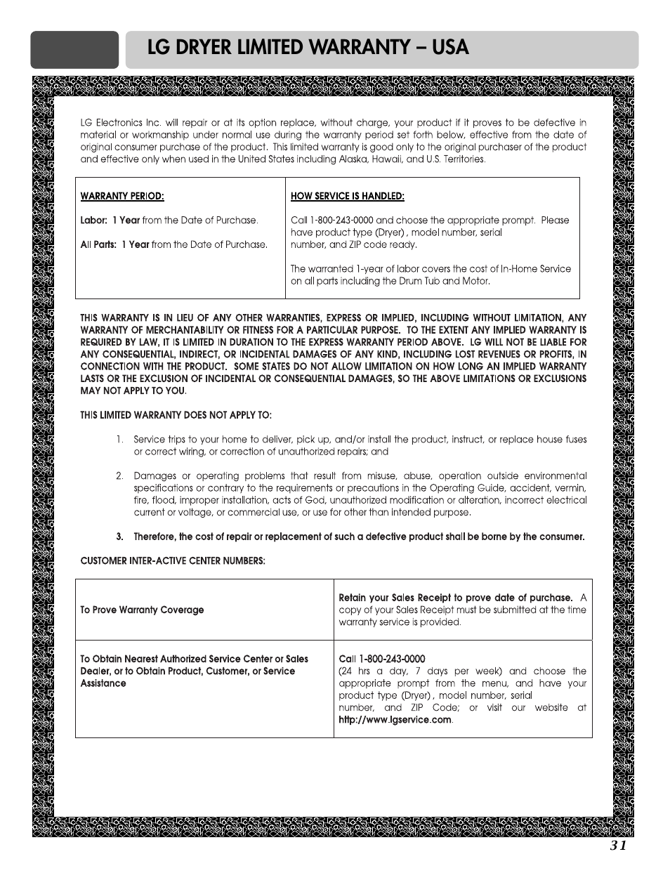 Lg dryer limited warranty – usa | LG DLG6952W User Manual | Page 31 / 62