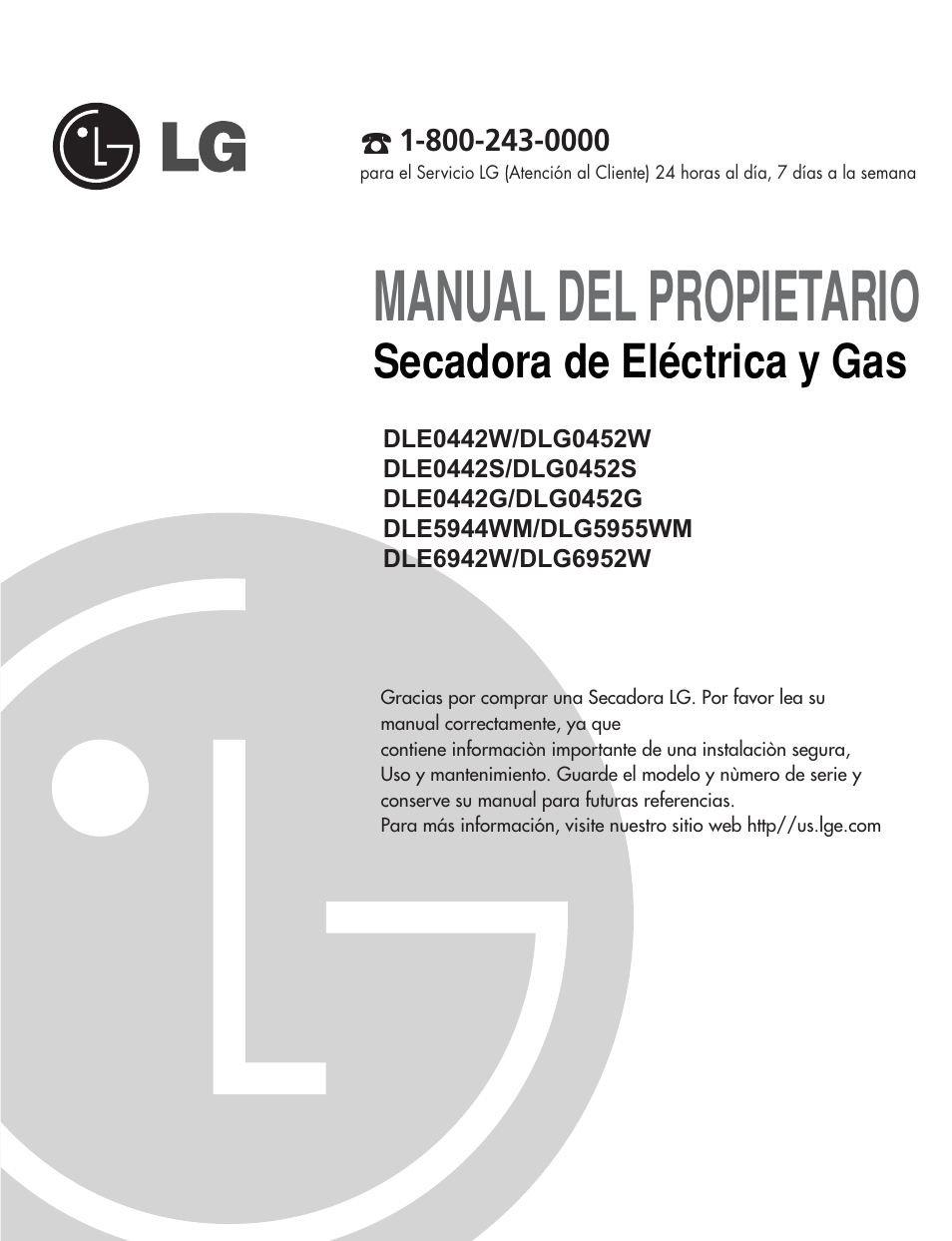 Manual del propietario, Secadora de eléctrica y gas | LG DLG6952W User Manual | Page 32 / 62