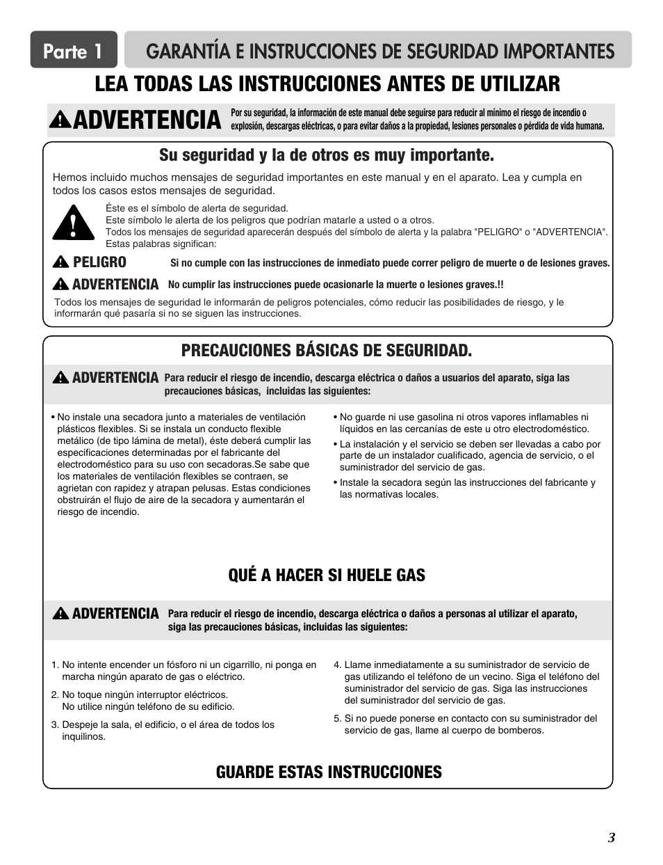 Advertencia, Lea todas las instrucciones antes de utilizar, Qué a hacer si huele gas | Guarde estas instrucciones | LG DLG6952W User Manual | Page 34 / 62