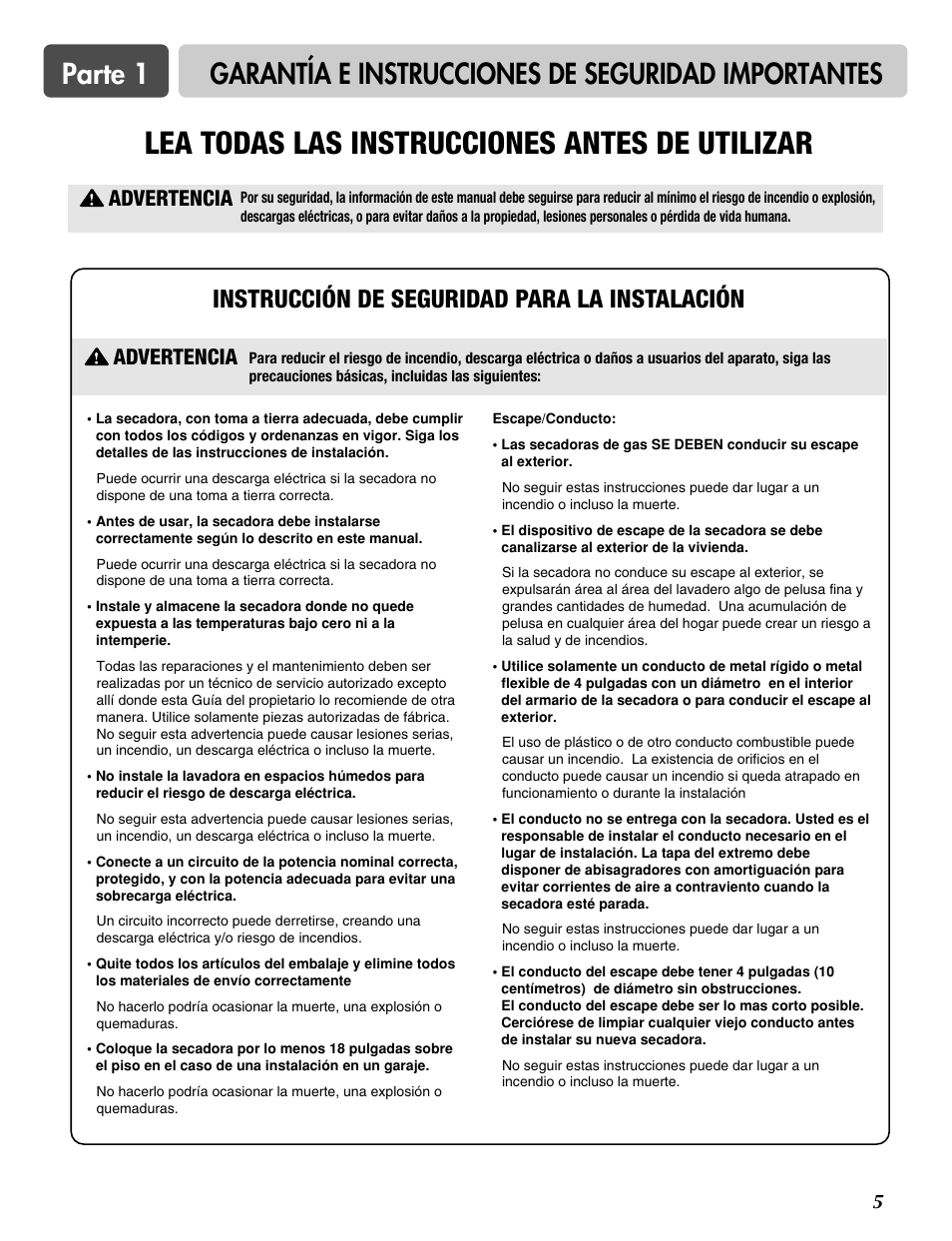 Lea todas las instrucciones antes de utilizar, Instrucción de seguridad para la instalación, Advertencia | LG DLG6952W User Manual | Page 36 / 62