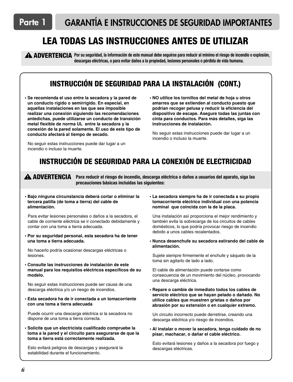 Lea todas las instrucciones antes de utilizar, Advertencia | LG DLG6952W User Manual | Page 37 / 62