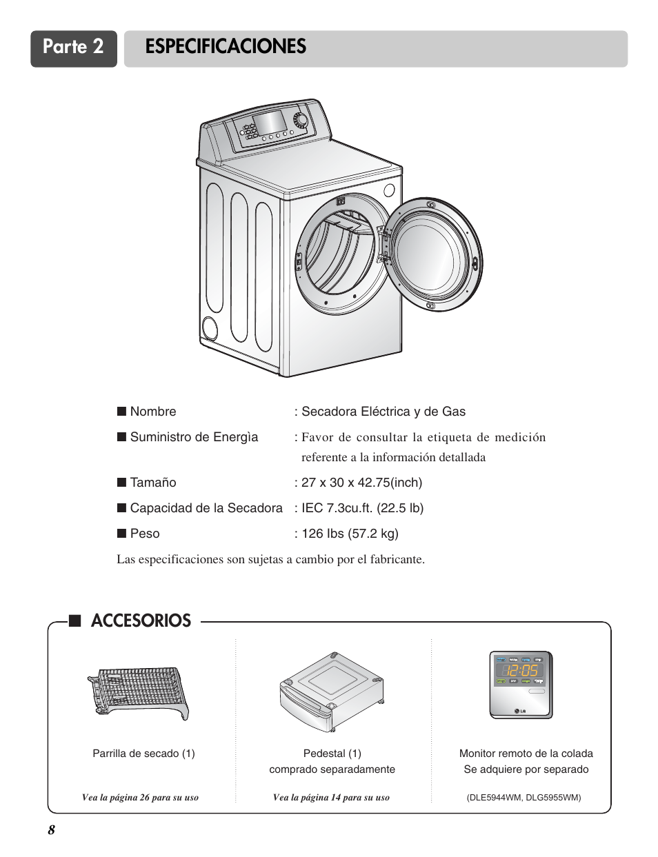 Parte 2 especificaciones, Accesorios | LG DLG6952W User Manual | Page 39 / 62