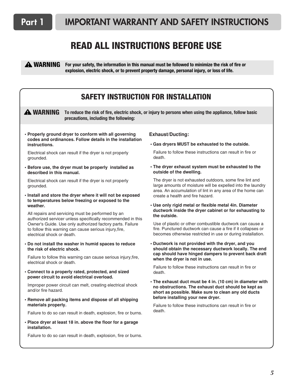 Read all instructions before use, Important warranty and safety instructions part 1, Safety instruction for installation | Warning | LG DLG6952W User Manual | Page 5 / 62